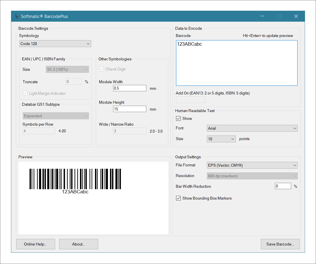 Screenshot of Softmatic Barcode Software creating Code 128 barcode
